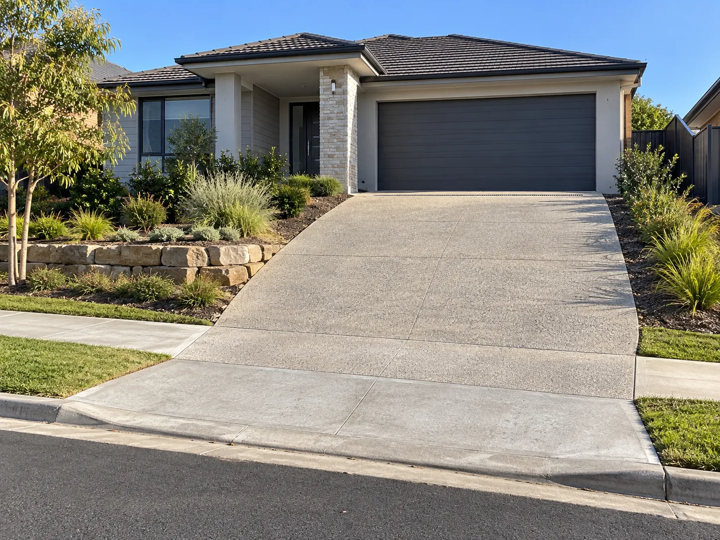 A new exposed-aggregate driveway climbing steeply from the kerb to a double garage